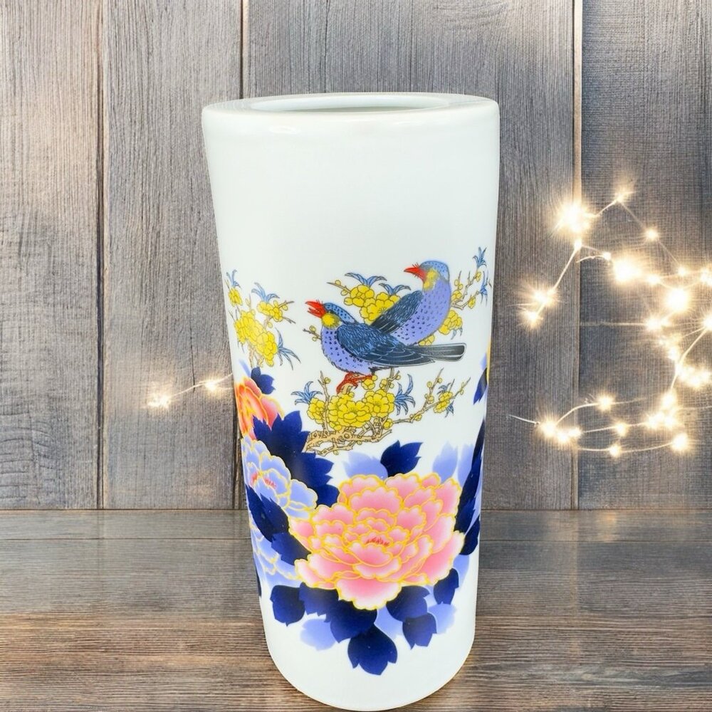 Vintage Oriental Chinese Calligraphy Ceramic Vase Vessel Raised Paint‎ Birds VTG